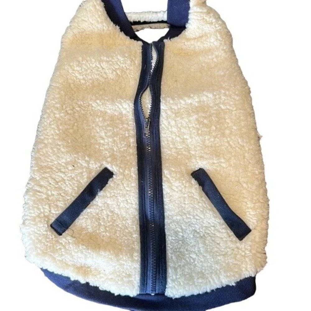 Cream Sherpa Fleece Dog Vest Navy Blue Trim Zipper Back Pet Jacket Warm Coat